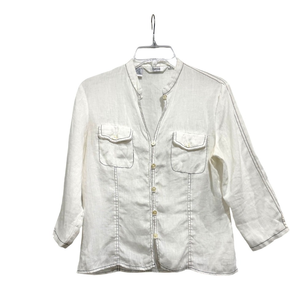 ISHYU Womens White 100% Linen Button Down Shirt Contrast Stitch Mandarin Small